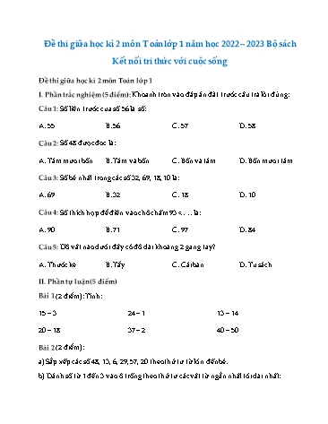 Đề thi giữa học kì II môn Toán 1 (Bộ sách kết nối tri thức) - Năm học 2022-2023 (Có đáp án)