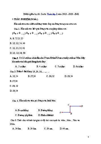 Đề thi giữa kì 2 môn Toán 2 - Năm học 2019-2020