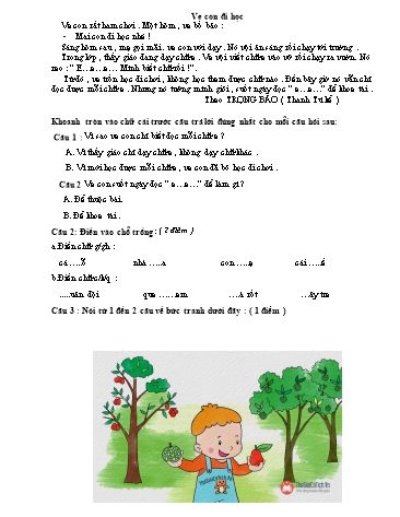 Đề thi học kì 1 môn Tiếng Việt và môn Toán 1 - Năm học 2018-2019 (Có đáp án)
