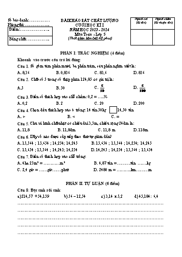 Đề thi khảo sát chất lượng cuối học kì I môn Toán Lớp 5 - Năm học 2023-2024 - Trường Tiểu học Vĩnh Am (Có đáp án)