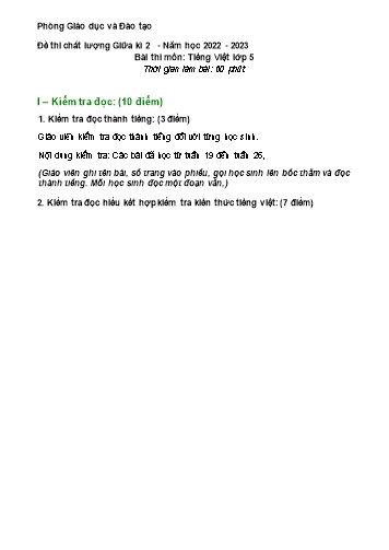 Đề thi tra chất lượng Giữa kì 2 môn Tiếng Việt 5 - Năm học 2023-2024 - Phòng Giáo dục và Đào tạo