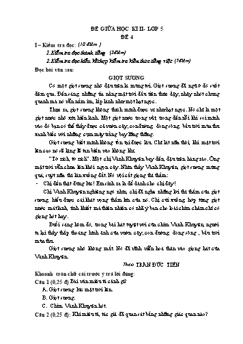 Đề thi tra giữa học kì II môn Tiếng Việt 5 - Đề 4