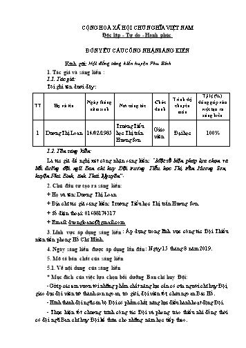 Đơn công nhận Sáng kiến Một số biện pháp lựa chọn và bồi dưỡng đội ngũ Ban chỉ huy Đội trường Tiểu học Thị trấn Hương Sơn, huyện Phú Bình, tỉnh Thái Nguyên