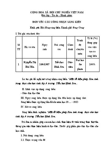 Đơn công nhận Sáng kiến Một số biện pháp Rèn tính trung thực cho học sinh Lớp A trường Tiểu học Ninh Sơn