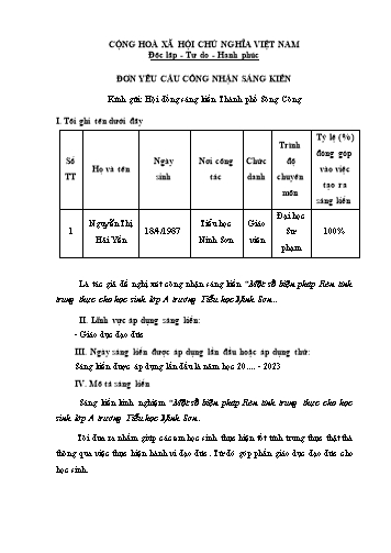 Đơn công nhận Sáng kiến Rèn tính trung thực cho học sinh Lớp A trường Tiểu học Ninh Sơn