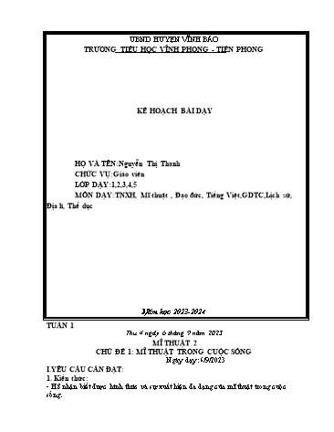 Kế hoạch bài dạy các môn khối Tiểu học - Tuần 1 - Năm học 2023-2024 - Nguyễn Thị Thanh