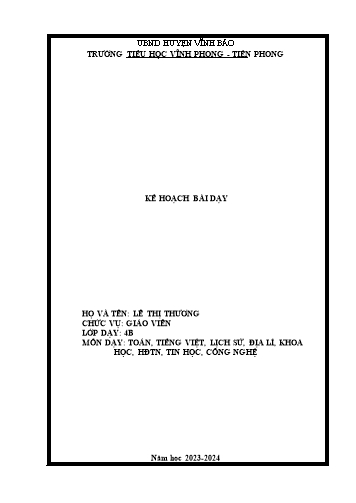 Kế hoạch bài dạy các môn Lớp 4 - Tuần 1 đến 5 - Năm học 2023-2024 - Lê Thị Thương