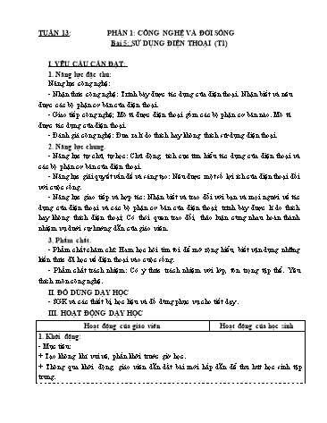 Kế hoạch bài dạy Công nghệ 5 - Tuần 13, Bài 5: Sử dụng điện thoại (Tiết 1)
