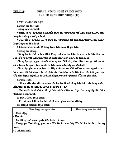 Kế hoạch bài dạy Công nghệ 5 - Tuần 14, Bài 5: Sử dụng điện thoại (Tiết 2)
