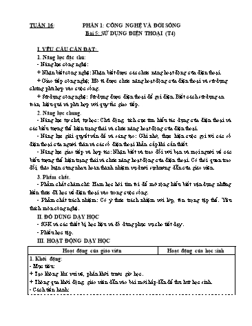 Kế hoạch bài dạy Công nghệ 5 - Tuần 16, Bài 5: Sử dụng điện thoại (Tiết 4)