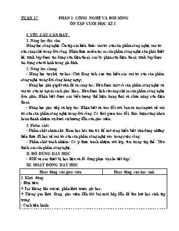 Kế hoạch bài dạy Công nghệ 5 - Tuần 17, Phần 1: Công nghệ và đời sống - Ôn tập cuối học kì I