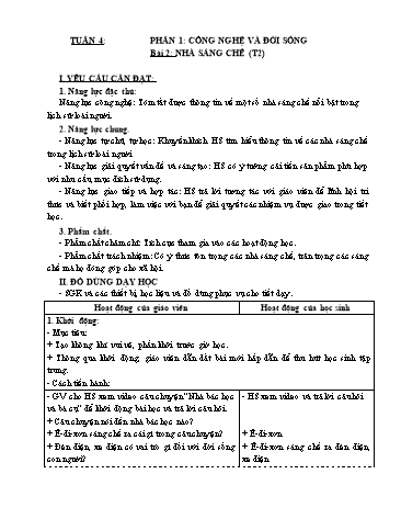 Kế hoạch bài dạy Công nghệ 5 - Tuần 4, Bài 2: Nhà sáng chế (Tiết 2)