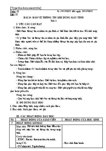 Kế hoạch bài dạy môn Tin học 3 (Kết nối tri thức) - Bài 10: Bảo vệ thông tin khi dùng máy tính