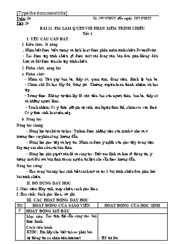 Kế hoạch bài dạy môn Tin học 3 (Kết nối tri thức) - Bài 11: Em làm quen với phần mềm trình chiếu