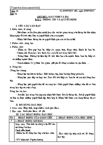 Kế hoạch bài dạy môn Tin học 3 Tuần 1+2 - Năm học 2022-2023