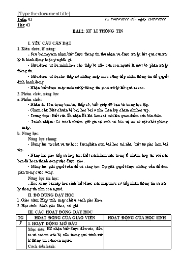 Kế hoạch bài dạy môn Tin học 3 Tuần 3+4, Bài 2: Xử lí thông tin - Năm học 2022-2023
