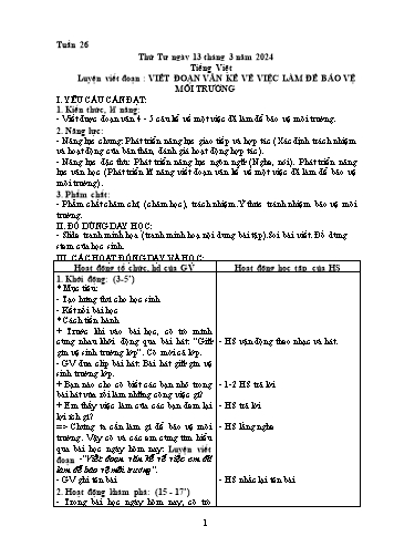 Kế hoạch bài dạy Tiếng Việt 2 (Tập làm văn) - Viết đoạn văn kể về việc làm để bảo vệ môi trường - Năm học 2023-2024
