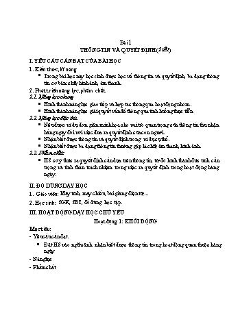 Kế hoạch bài dạy Tin học 3 - Bài 1: Thông tin và quyết định