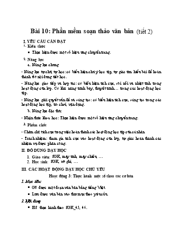 Kế hoạch bài dạy Tin học 4 (Kết nối tri thức) - Bài 10: Phần mềm soạn thảo văn bản (Tiết 2)