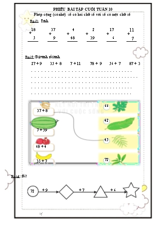 Phiếu bài tập cuối tuần 10 môn Toán Lớp 2 - Phép cộng (Có nhớ) số có hai chữ số với số có một chữ số Phiếu bài tập cuối tuần 10 môn Toán Lớp 2 - Phép cộng (Có nhớ) số có hai chữ số với số có một chữ số