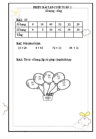 Phiếu bài tập cuối tuần 2 môn Toán Lớp 2 - Số hạng - Tổng