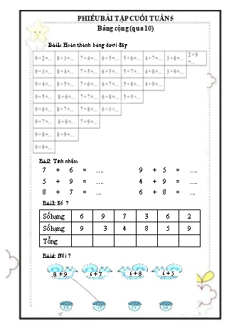 Phiếu bài tập cuối tuần 5 môn Toán Lớp 2 - Bảng cộng (qua 10) Phiếu bài tập cuối tuần 5 môn Toán Lớp 2 - Bảng cộng (qua 10)