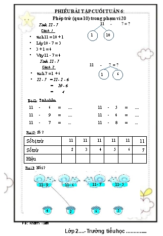 Phiếu bài tập cuối tuần 5 môn Toán Lớp 2 - Phép trừ (qua 10) trong phạm vi 20