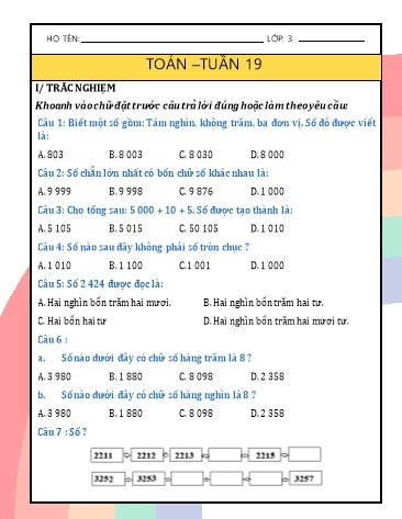 Phiếu bài tập cuối tuần môn Toán Lớp 3 - Chương trình học kì 2