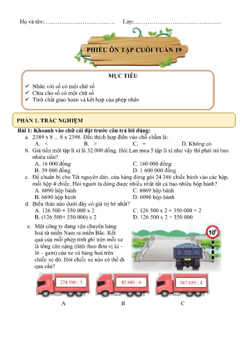 Phiếu bài tập môn Toán 4 ôn cuối tuần 19