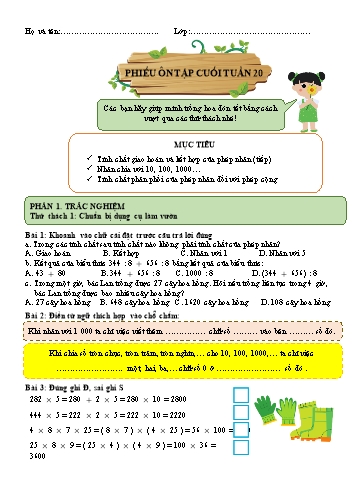 Phiếu bài tập môn Toán 4 ôn cuối tuần 20