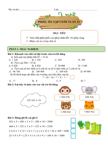 Phiếu bài tập môn Toán 4 ôn cuối tuần 21