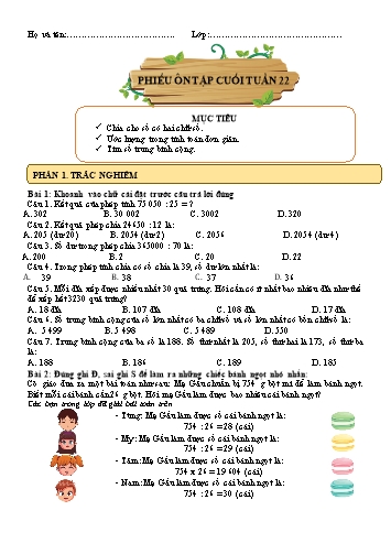 Phiếu bài tập môn Toán 4 ôn cuối tuần 22