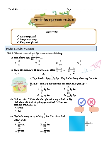 Phiếu bài tập môn Toán 4 ôn cuối tuần 30