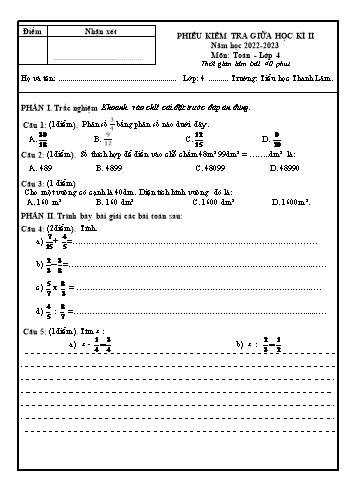 Phiếu kiểm tra chất lượng giữa học kì II môn Toán - Năm học 2023-2024 (Có đáp án + Ma trận)