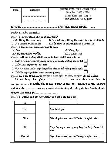 Phiếu kiểm tra cuối năm môn Khoa học Lớp 4 - Năm học 2023-2024 (Có đáp án + Ma trận)