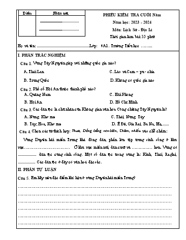 Phiếu kiểm tra cuối năm môn Lịch sử và Địa lý Lớp 4 - Năm học 2023-2024 (Có đáp án + Ma trận)
