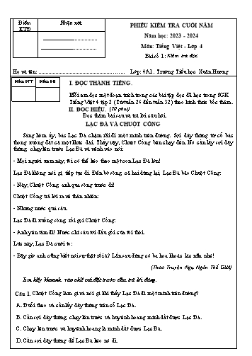 Phiếu kiểm tra cuối năm môn Tiếng Việt Lớp 4 - Năm học 2023-2024 (Có đáp án + Ma trận)