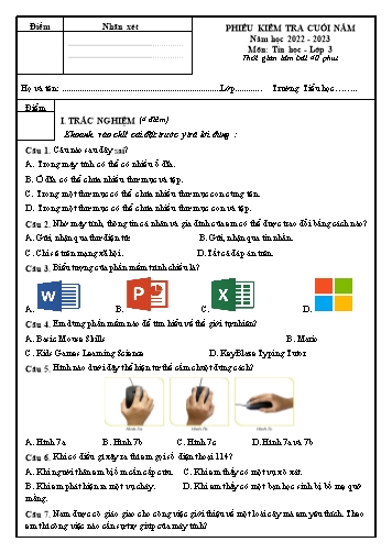 Phiếu kiểm tra cuối năm môn Tin học Lớp 3 - Năm học 2022-2023 (Có đáp án + Ma trận)