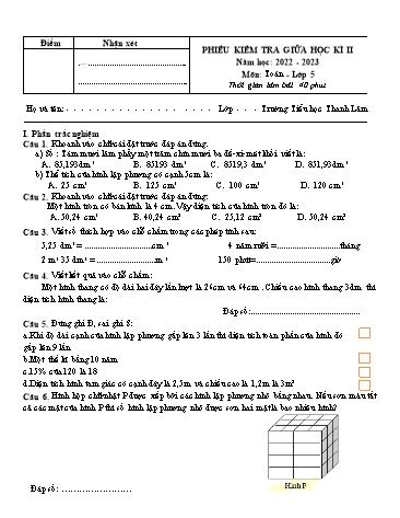 Phiếu kiểm tra giữa học kì II môn Toán 5 - Năm học 2022-2023 (Có đáp án + Ma trận)