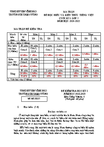Phiếu kiểm tra học kỳ I môn Tiếng Việt 5 - Năm học 2024-2025 - Trường Tiểu học Tam Cường (Có đáp án + Ma trận)