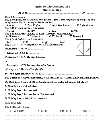 Phiếu ôn tập cuối học kì 2 môn Toán Lớp 3