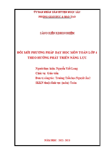 Sáng kiến kinh nghiệm Đổi mới phương pháp dạy học môn Toán Lớp 4 theo hướng phát triển năng lực